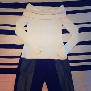 Off the shoulder sweater and leather front pants
